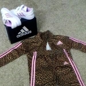 Adidas 24 months leopard with pink stripes and accents track suit set w/ shoes